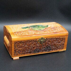 Vintage Carved Wooden Keepsake Footed Mirrored Jewelry Box with Nature Scene